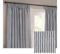 Yard Hebden Striped Cotton Pencil Pleat Curtain Pair Navy 168 X 229Cm, Blue