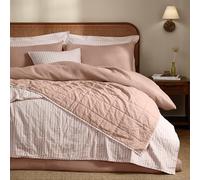 Yard Hebden Stripe Quilted Bedspread - Reversible Textured Soft Cotton Coverlet (Blush/Cotta - 150x200cm)
