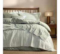 Yard Hebden Stripe Quilted Bedspread - Reversible Textured Soft Cotton Coverlet (Eucalyptus/Bay Green - 265x265cm)