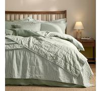 Yard Hebden Stripe Quilted Bedspread - Reversible Textured Soft Cotton Coverlet (Forest/Bay Green - 150x200cm)