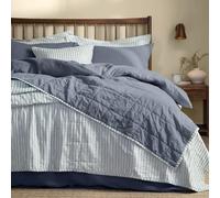 Yard Hebden Stripe Quilted Bedspread - Reversible Textured Soft Cotton Coverlet (Mineral/Denim Blue - 150x200cm)