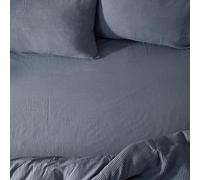 Yard Hebden Washed Cotton Fitted Sheet - Soft Relaxed Percale Minimalist Bed Sheet (Denim Blue - Double)