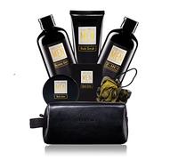 YARD HOUSE Bath and Body Spa Gift Baskets Set for Men - Sandalwood Amber - 7Pc Spa Kit w. Full Size Items in Leather Toiletry Bag - Fathers Day Birthday Gifts For Husband, Dad From Wife, Daughter Son