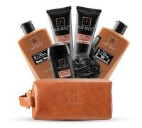 YARD HOUSE Luxury Mens Bath and Body Gift Set Basket For Him - Smoky Sandalwood - All Natural Skin Care Kit For Men w. Full Size Body Wash Facial Scr