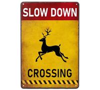 Yard Warning Sign,Slow Down Reindeer Crossing Retro Metal Tin Sign Hanging Iron Painting Plaque For Fence Outdoor Yard Home Kitchen Cafe Wall Decor 12x16 inch