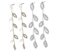 Yardenfun 2Pairs Leaf Shaped Long Linear Earrings for Women Rhinestone Faux Pearl Dangle Design Elegant Wedding Earrings for Brides for Formal Occasions and Celebrations