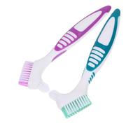Yardenfun 2Pcs Denture Cleaner Brush Double Sided Ergonomic Toothbrush for Denture Care Portable Design Green Purple for Home Use and Easy Cleaning
