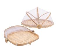 Yardenfun 2Pcs Khaki Synthetic Bamboo Fruit and Vegetable Baskets with Mosquito Net Covers 11.4 Inch Multi-Purpose Household Storage and Drying Trays