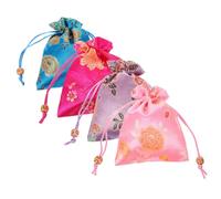 Yardenfun 4pcs Brocade Drawstring Pouch Small Jewelry Storage Bags for Party Treats Elegant Soft Pouches in Blue Pink Red Purple Peony Design
