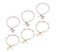 Yardenfun 6pcs Baptism Beaded Bracelet Set with Acrylic Rose Beads and Angel Wing Charms, Heart Cross Wrist Chain for Christening Favors, White and Pink