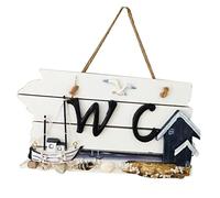 Yardenfun Mediterranean Style Wooden WC Plaque Hand Painted Wall Hanging Sign Board Sailing Ship Bathroom Wall Art White Black Toilet Plaque for Home Hotel Beach Decor