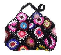 Yardenfun Woven Handbag and Crocheted Summer Beach Tote Bag Boho Canvas Shoulder Bag for Women Casual Outdoor Use Lightweight Hand-crocheted Floral Pattern Black