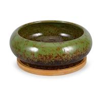 Yardwe 18cm Succulent Pot with Tray, Ceramic Bonsai Pots, Round Shallow Planter Bowl for Indoor Cactus Plant, Green