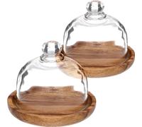 Yardwe 2 Sets Glass Dome with Wooden Base Mini Cake Stand Glass Display Dome Cloche Clear Glass Bell Jar Cover for Dessert Cheese Candy Plants Succulents