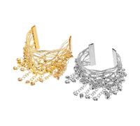 Yardwe 2PCS Adjustable Metal Arm Cuff Bracelets with Bells for Belly Dancing, Ethnic Dance Upper Arm Chain Accessories, Gold and Silver Belly Dancer Jewelry for Stage and Costume