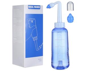 Yardwe 500ml Plastic Nasal Rinse Bottle with Two Nozzles for Adults, Sinus Irrigator with One-button Control and Upside down Use, Blue Nasal Cleaning Bottle for Home and Travel