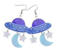 Yardwe Acrylic Spaceship Moon Star Earrings for Women Cartoon Dangling Ear Drops with Blue Iridescent Design Lightweight Long Dangle Jewelry Elegant Charm Accessory for Daily Wear