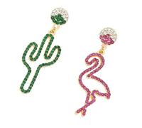 Yardwe Asymmetric Rhinestone Earrings Set for Women, S925 Silver Cactus and Flamingo Ear Studs, Colorful Crystal Fashion Jewelry for, Lightweight Drop Earrings for Daily Wear