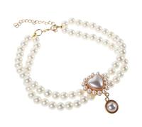 Yardwe Double-layer White Pearl Pet Necklace with Heart Pendant, Adjustable Clasp and Lightweight Plastic + Metal Material, Elegant Princess-style Collar for Female Puppies at Casual