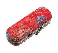 Yardwe Floral Embroidered Lipstick Case with Mirror, Small Portable Cosmetic Holder with Kiss Lock, Mini Travel Lipstick Container for Purse and Wallet Use, Red Base Blue Chrysanthemum