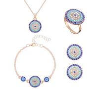 Yardwe Turkish Blue Eye Jewelry Set 4pcs Round Necklace Earrings Ring Bracelet Kit Alloy Charm Protection Hand Chain Suitable for Women and