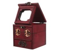 Yardwe Vintage Chinese Jewelry Box Makeup Box with Mirror, Wooden Pu Decorative Storage, Spacious Compartment and Drawer, for Jewelry and Treasures, Bedroom Dresser Top