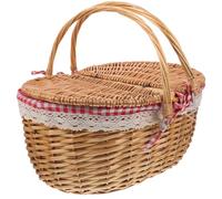 Yardwe Wicker Picnic Basket with Lid and Handles, 15.4" Vintage Woven Hamper with Red Gingham Liner for Outdoor Camping, Romantic Dates & Storage
