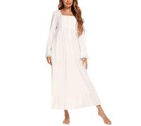 YARISNEY Long Nightgown for Petite Women Long Sleeves Loose Comfy House Dress with Two Pockets(White,M)