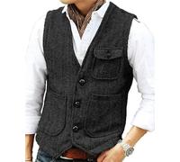 Yarizm Casual Men's Vests Herringbone Tweed Vest V-Neck Waistcoat For Men Retro Men's Wedding Vests Travel Workwear Vest, Black, 5XL