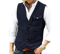 Yarizm Men's V-Neck Herringbone Tweed Vest For Retro Vintage Wedding Travel Waistcoat Workwear Groomsman Meeting, Navy, X - S