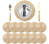 Yarlung 12 Pack Round Pressed Vinyl Placemats, 15 Inch/38cm Non-Slip Metallic Gold Table Decor Mat Hollow Out Laminated Place Mats for Christmas Decor, Wedding Accent, Table Centerpiece