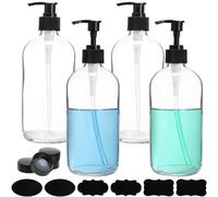 yarlung 4 Pack 16 Oz/480ml Glass Pump Bottles, Clear Refillable Containers Glass Soap Dispenser for Essential Oils, Lotions, Cleaning Products, Bonus 4 Black Caps and 6 Labels