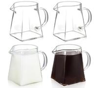 Yarlung 4-Pack Small Glass Pitcher, 12 Oz Clear Creamer with Handle, Creative Coffee Milk Pitcher Tea Fair Cups for Table Serving, Square Base