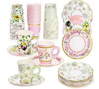 Yarlung 96 Pcs Floral Paper Tea Cups and Saucers Set, 9 Oz Disposable Tea Cup with Handle and 6 Inch Paper Plates for Tea Party Decorations, Birthday Favors, 3 Designs