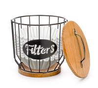 yarlung Coffee Filters Holder with Lid, Large Capacity K Cup Coffee Pods Holder with Rustic Wooden Base, Black Wire Coffee Storage Basket for Kitchen Countertop, Coffee Bar, Coffee Station Organizer