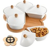 yarlung Lazy Susan Divided Serving Dishes Appetizer Tray, 5 Removable Ceramic Snack Bowls with Lids and Bamboo Platter, Relish Tray Nuts Dishes for Chips, Fruits, Candy