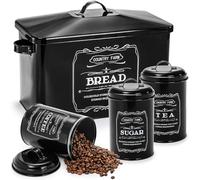 yarlung Metal Bread Box with 3 Kitchen Canisters Set, Large Black Farmhouse Bread Tin for Kitchen Countertop, Coffee Tea Sugar Canister with Lid for Pantry Organizer Home Storage