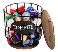 Yarlung Pod Holder With Lid - Large Capacity K Cup Filter Storage Basket With Rustic Wooden Base, Black Wire for Kitchen Countertop, Bar, Station Organizer