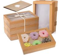 yarlung Set of 10 Kraft Bakery Box with Clear Window Lid, Foldable Brown Paperboard Food Wrapping Tray with Greaseproof Paper for Cookies, Donuts, Pies, Picnic, Gift Packaging Ribbon, 14"x10"x3"