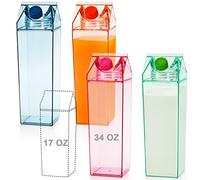 yarlung Set of 4 Milk Carton Water Bottle, 34 Oz/1000ml Colorful Clear Plastic Milk Bottles Leakproof Square Milk Box Portable for Outdoor Sports Travel Camping, 4 Colors