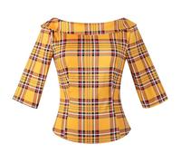 YARN & INK Women's 1950s Vintage Pinup Tops, Back Bow Tie Cute Rockabilly Elegant Shirt, Medium Sleeves Blouse, 16-yellow Plaid, S