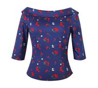 YARN & INK Women's 1950s Vintage Pinup Tops, Back Bow Tie Cute Rockabilly Elegant Shirt, Medium Sleeves Blouse, 16-blue Cherry, S
