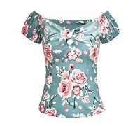 YARN & INK Women's Rockabilly Tops 1950s Pinup Shirt Casual Off Shoulder Vintage Blouse, Floral Lake Blue, M