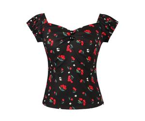 YARN & INK Women's Rockabilly Tops 1950s Pinup Shirt Casual Off Shoulder Vintage Blouse, Little Cherry Black, 8X-Large