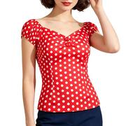 Yarn & Ink Women's Rockabilly Tops 1950s Pinup Shirt Casual Off Shoulder Vintage Blouse, Red White, L