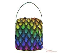 Yarn Storage Knitting Basket Bin, Polyester Crochet Bag 8.3x11 in Pockets Dividers Box Organizer with Handle Colorful Dragon Scales Rainbow Colored Reptile Skin Texture