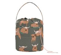 Yarn Storage Knitting Basket Bin, Polyester Crochet Bag 8.3x11 in Pockets Dividers Box Organizer with Handle Brown Highland Cows Collection Scottish Breed on Dark Green