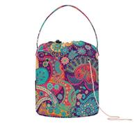 Yarn Storage Knitting Basket Bin, Polyester Crochet Bag 8.3x11 in Pockets Dividers Box Organizer with Handle Ancient Asian Elements Paisley Floral Flower