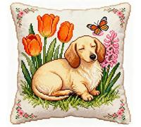 YarnAdventures 11CT Cross Stitch Pillow Cover Kit,Dachshund and Flowers,Stamped Embroidery Kit Stitch Pillowcase Needlepoint Craft for Adults Beginners,18x18in