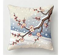 YarnAdventures 11CT Cross Stitch Pillow Cover Kit,Plum Blossom Branches Snow Scene,Stamped Embroidery Kit Stitch Pillowcase Needlepoint Craft for Adults Beginners,18x18in